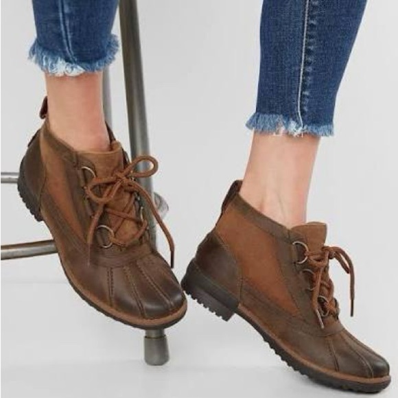 Ugg Womens Heather Suede Leather Ankle Duck Boots Size 9 Lace Up Winter Rain - Picture 1 of 11